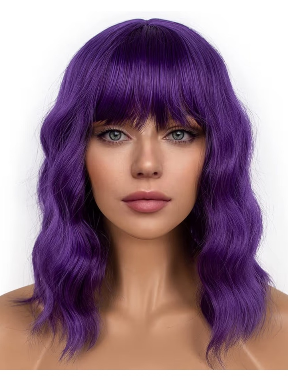 Dark Purple Wavy Bob 14” Wig with Bangs